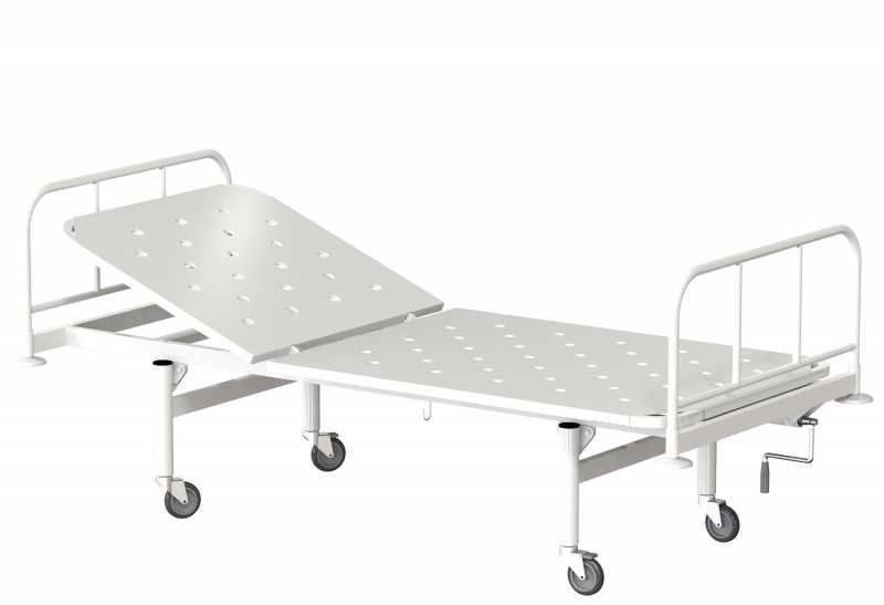 Кровать общебольничная КФО-01-«МСК» с винтовой регулировкой подголовника, на колесах, прямоугольные спинки, ложе-метал (код МСК-1101)